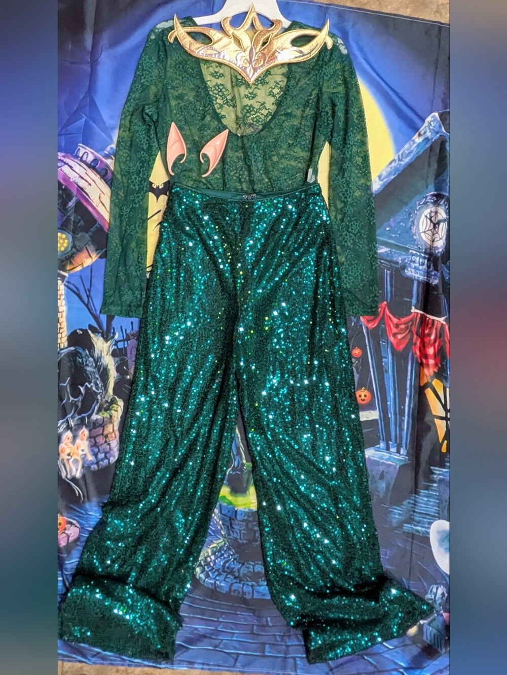 NEW XS Green Elf Costume Sequin Lace Top Flare Halloween See Through